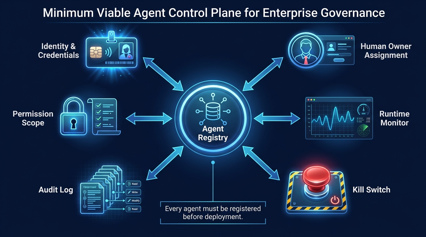 Agent control plane diagram — registry connected to identity, permissions, monitoring, audit log, and kill switch