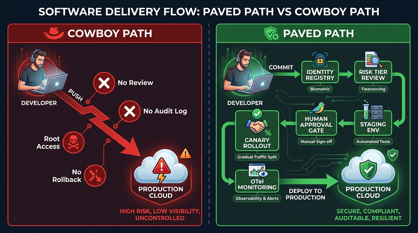 Two-column diagram comparing the Cowboy Path showing direct-to-production deployment with no controls versus the Paved Path showing structured checkpoints including identity registry, risk tier review, staging environment, human approval gate, canary rollout, and OTel monitoring