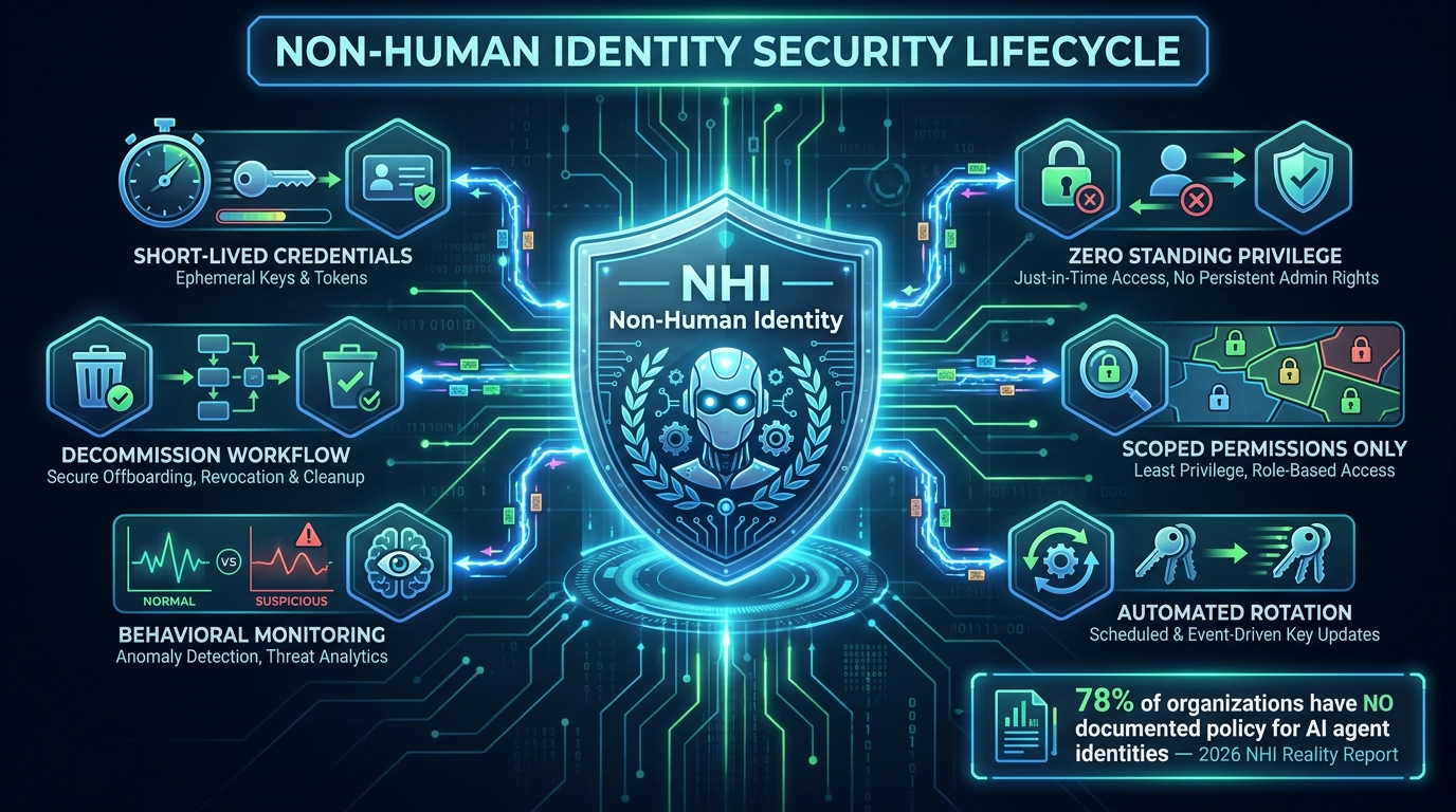 Security badge diagram for Non-Human Identity NHI showing six lifecycle controls: Short-Lived Credentials, Zero Standing Privilege, Scoped Permissions Only, Automated Rotation, Behavioral Monitoring, and Decommission Workflow with stat callout showing 78% of organizations have no AI identity policy