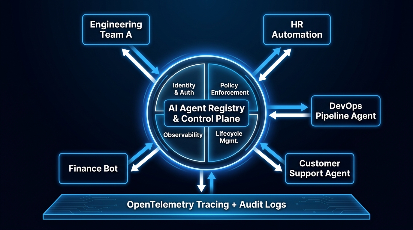 Enterprise architecture diagram showing the AI Agent Registry and Control Plane at center with four quadrants for Identity, Policy Enforcement, Observability, and Lifecycle Management, connecting to Engineering, HR Automation, Finance, Customer Support, and DevOps agents, with OpenTelemetry tracing layer at the base