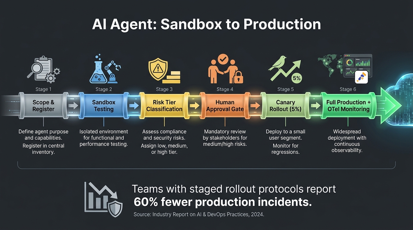 Horizontal pipeline diagram showing the six stages of AI agent deployment from Scope and Register through Sandbox Testing, Risk Tier Classification, Human Approval Gate, Canary Rollout at 5 percent, to Full Production with OTel Monitoring