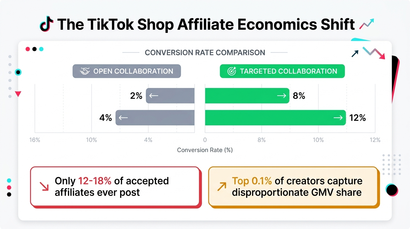 TikTok Shop affiliate economics infographic showing open collaboration 2-4% conversion vs targeted collaboration 8-12% conversion, with stat callouts on creator activation rates