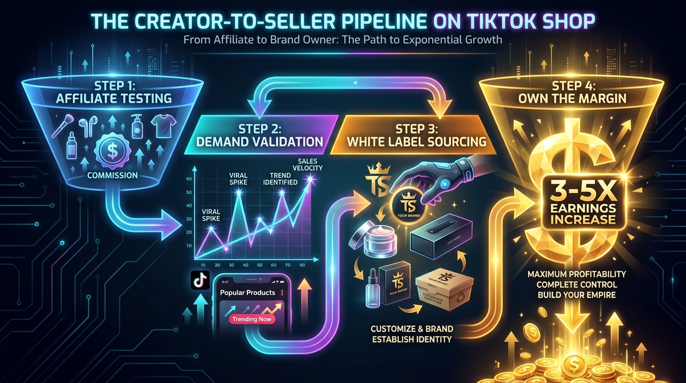 The Creator-to-Seller Pipeline funnel diagram showing affiliate testing to demand validation to white label sourcing to owning the margin with 3-5x earnings increase