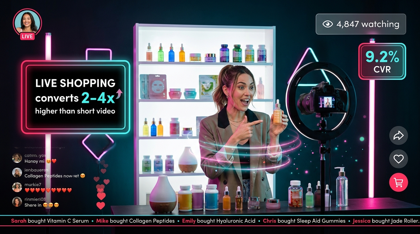 TikTok Live shopping session in progress with a creator demonstrating beauty products, showing live viewer count of 4,847 and conversion rate badge of 9.2% CVR with purchase notifications