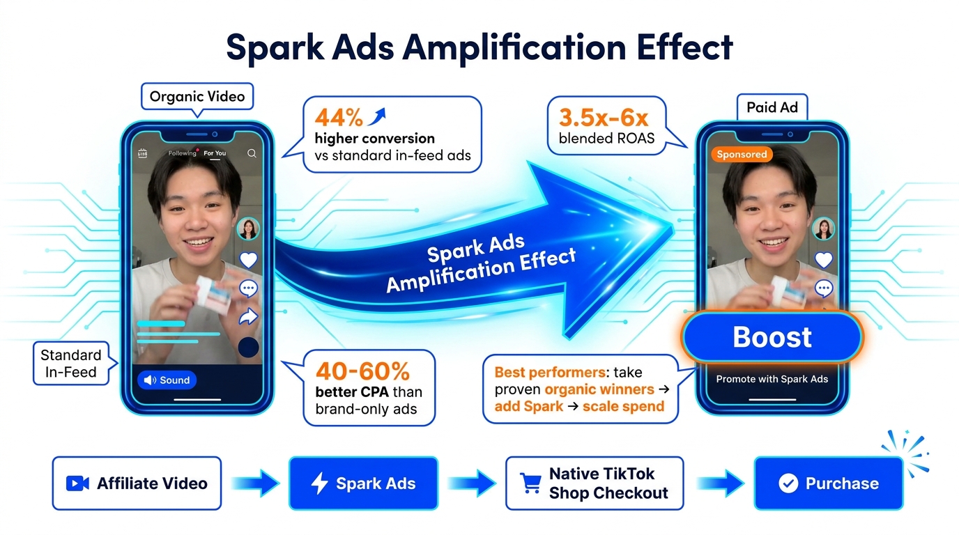 Spark Ads amplification effect infographic showing 44% higher conversion vs standard in-feed, 3.5x-6x blended ROAS, and the affiliate video to paid ad transformation funnel