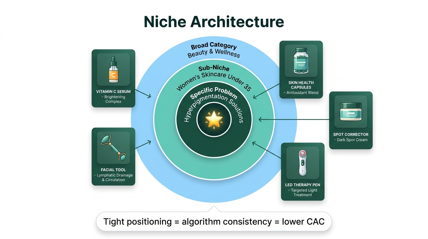 Niche architecture bulls-eye target diagram showing broad category outer ring, sub-niche middle ring, and specific problem bullseye for TikTok Shop affiliate positioning strategy
