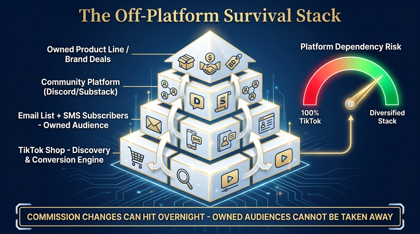 The Off-Platform Survival Stack pyramid showing TikTok Shop as foundation discovery engine, building up through email/SMS owned audience, community platforms, to owned product line and brand deals at the peak