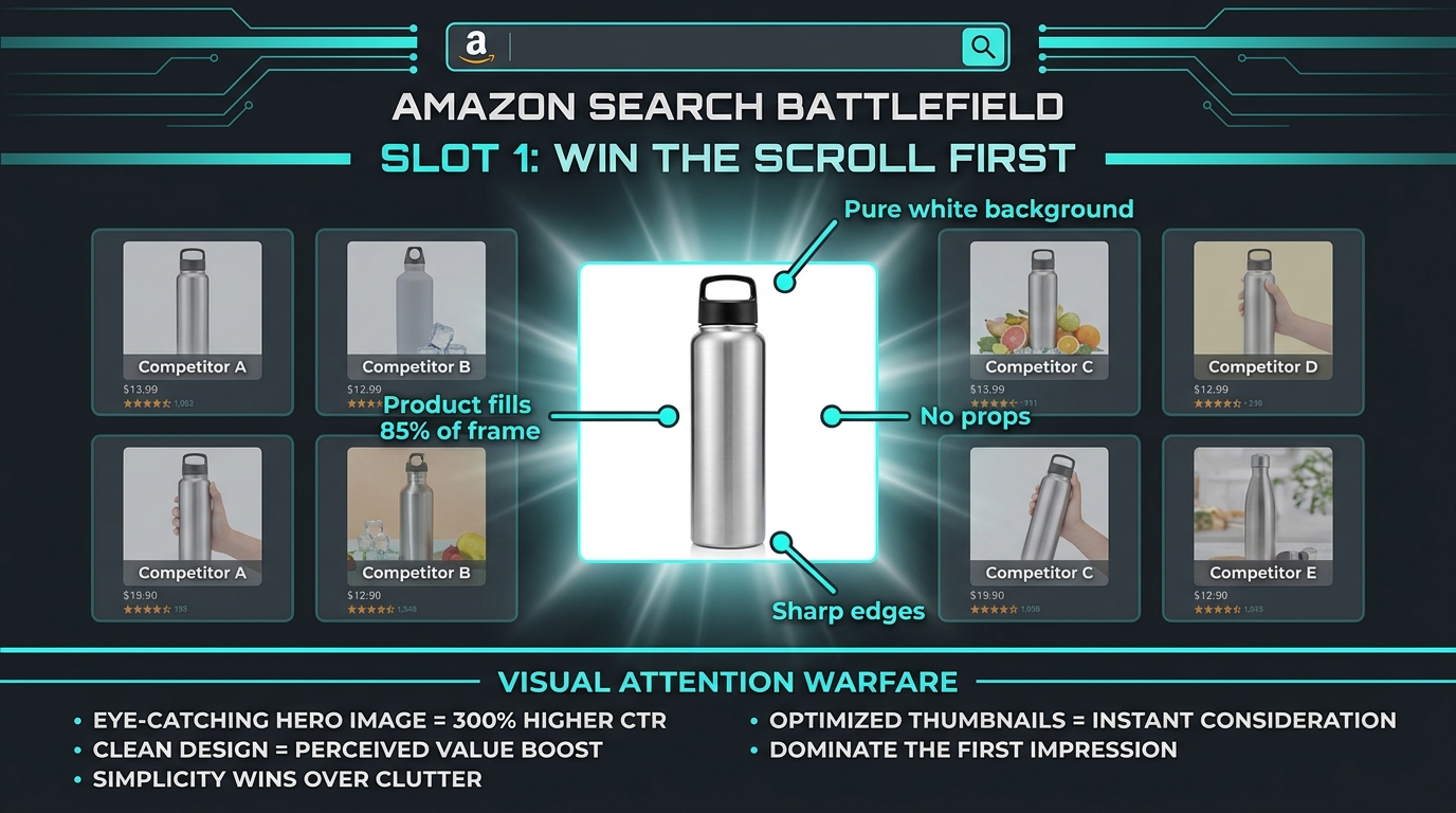 Amazon search results page showing one product image standing out from competitors with spotlight effect, annotated with 'Product fills 85% of frame', 'Pure white background', and 'Win the Scroll First'