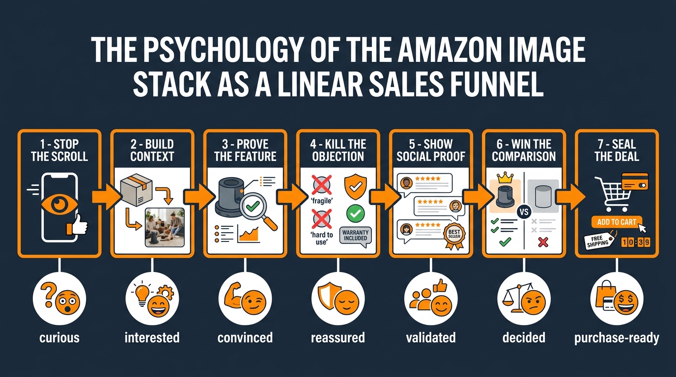 Diagram showing Amazon image stack as a 7-step sales funnel from 'Stop the Scroll' to 'Seal the Deal' with buyer emotion states at each stage