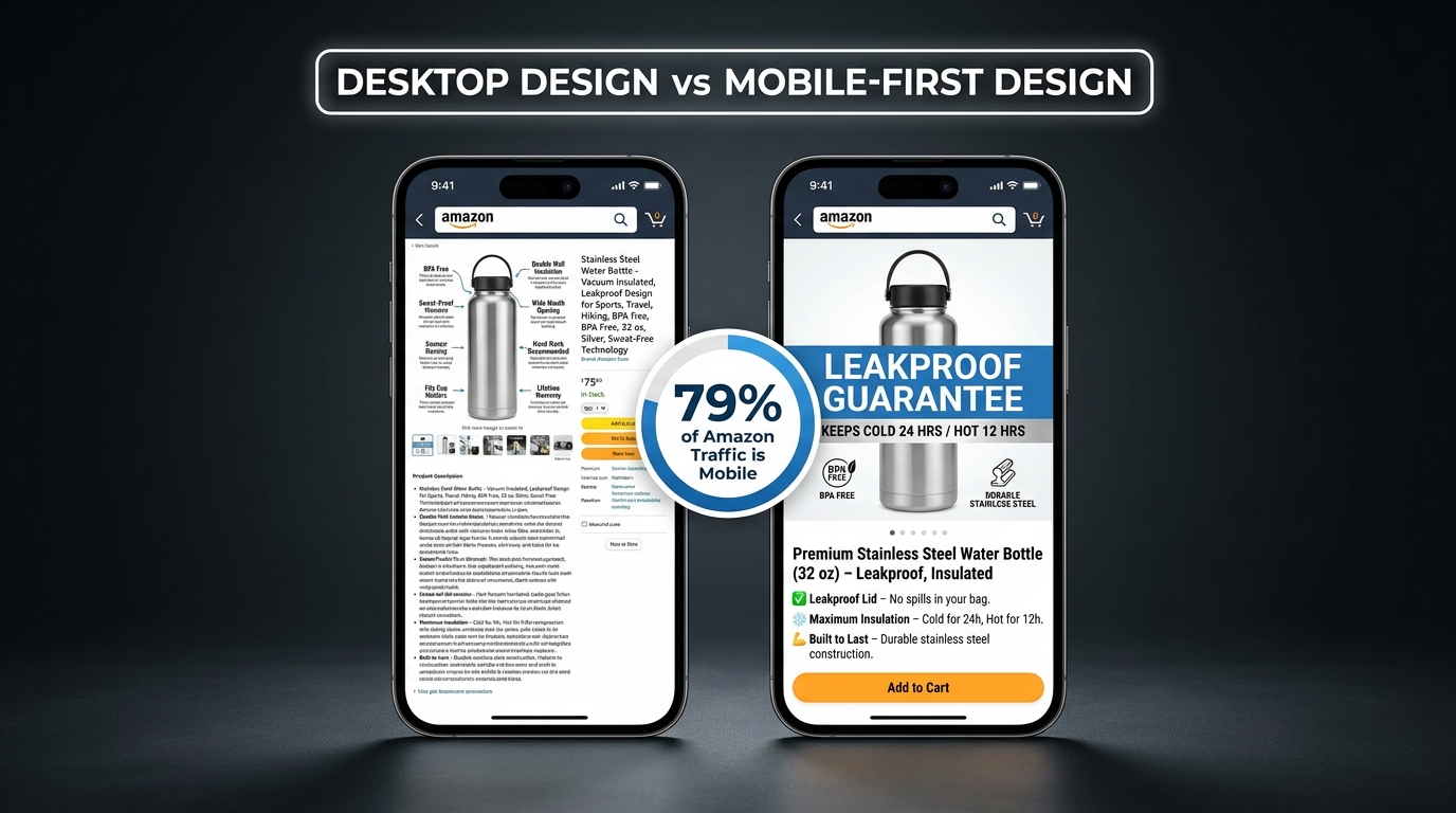 Side-by-side mobile phone comparison showing desktop-designed Amazon listing image with illegible text vs mobile-first redesigned image with clear bold text, with stat badge showing 79% of Amazon traffic is mobile
