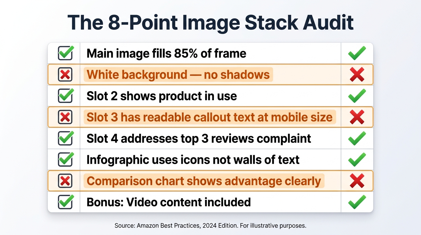 Amazon image stack audit scorecard checklist showing 8 criteria with green checkmarks and red X marks, including main image fill, white background, mobile text readability, objection coverage, and comparison chart
