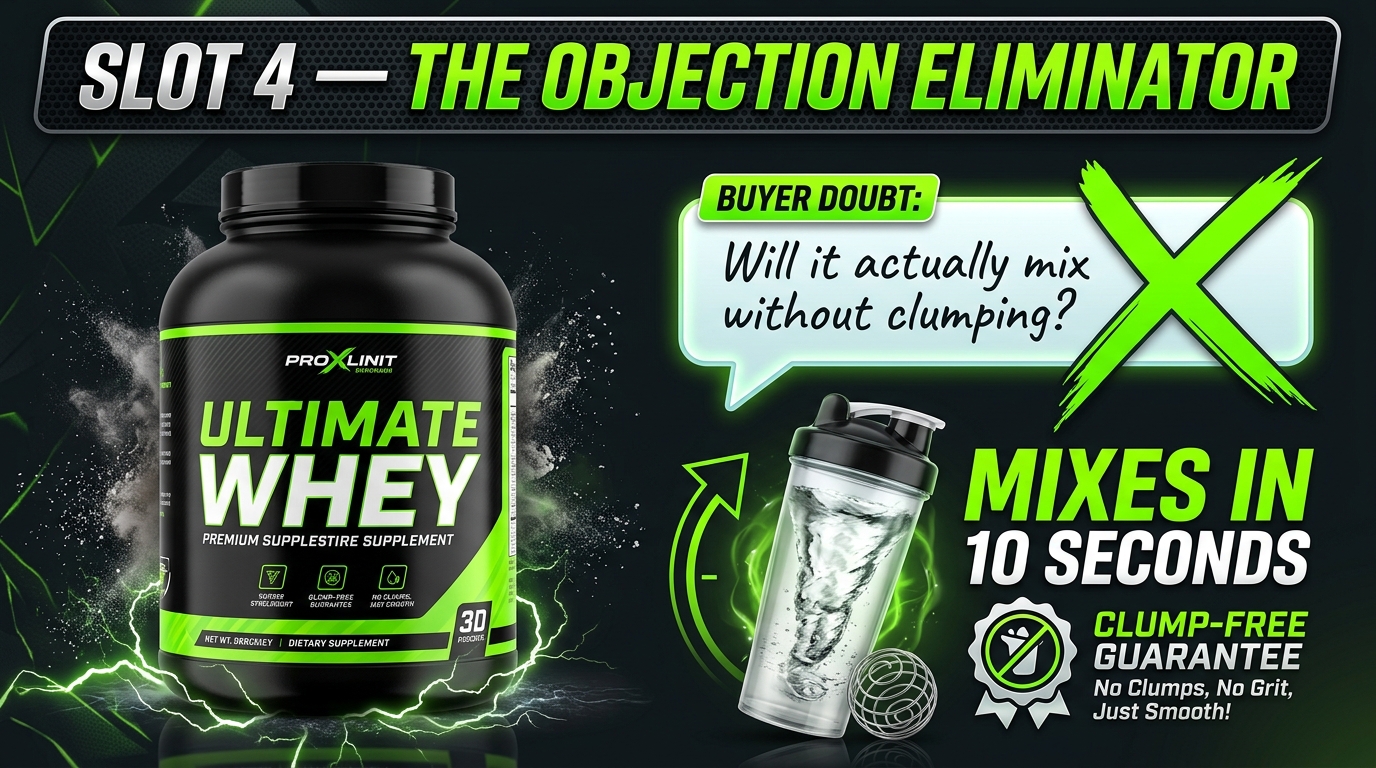 Slot 4 objection eliminator image concept showing a buyer doubt crossed out and replaced with a product demonstration proving the claim, for a fitness supplement