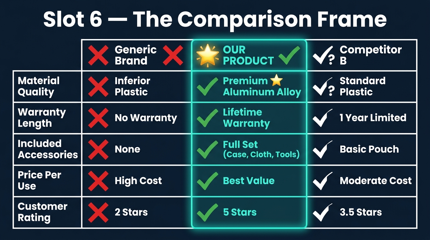 Amazon secondary image comparison chart showing three columns — Generic Brand with red X marks, OUR PRODUCT with green checkmarks highlighted in teal, and Competitor B with partial marks — covering material quality, warranty, accessories, price per use, and rating