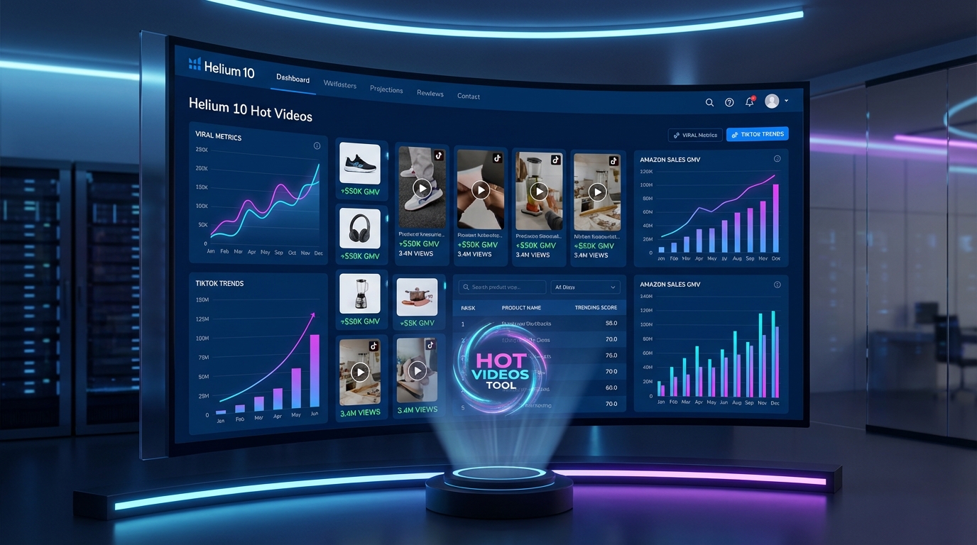 Helium 10 Hot Videos dashboard showing viral TikTok product analytics and GMV metrics for Amazon FBA research