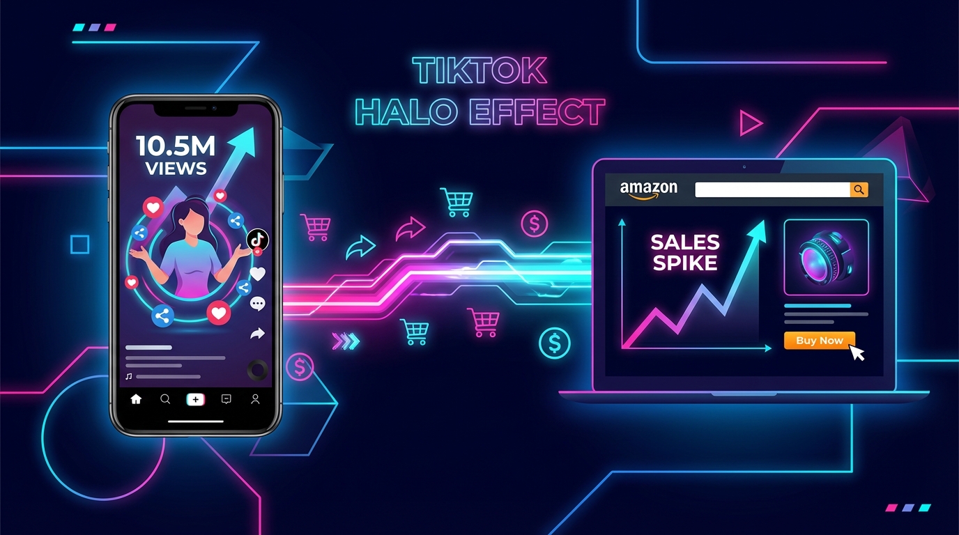 TikTok Halo Effect diagram showing viral video views connecting to Amazon sales spike through branded search behavior