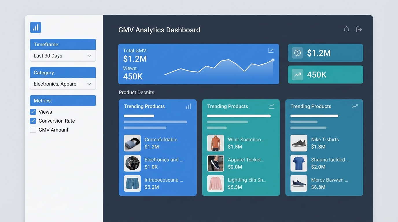 GMV analytics dashboard showing product research filters with views, conversion rates, and gross merchandise value metrics