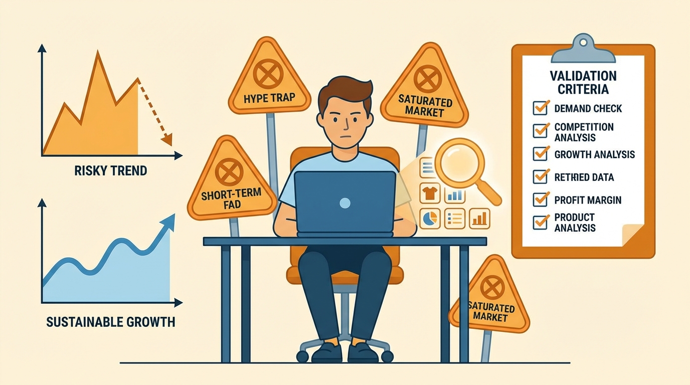 Seller reviewing trend data analytics with warning indicators showing common research mistakes to avoid in product discovery