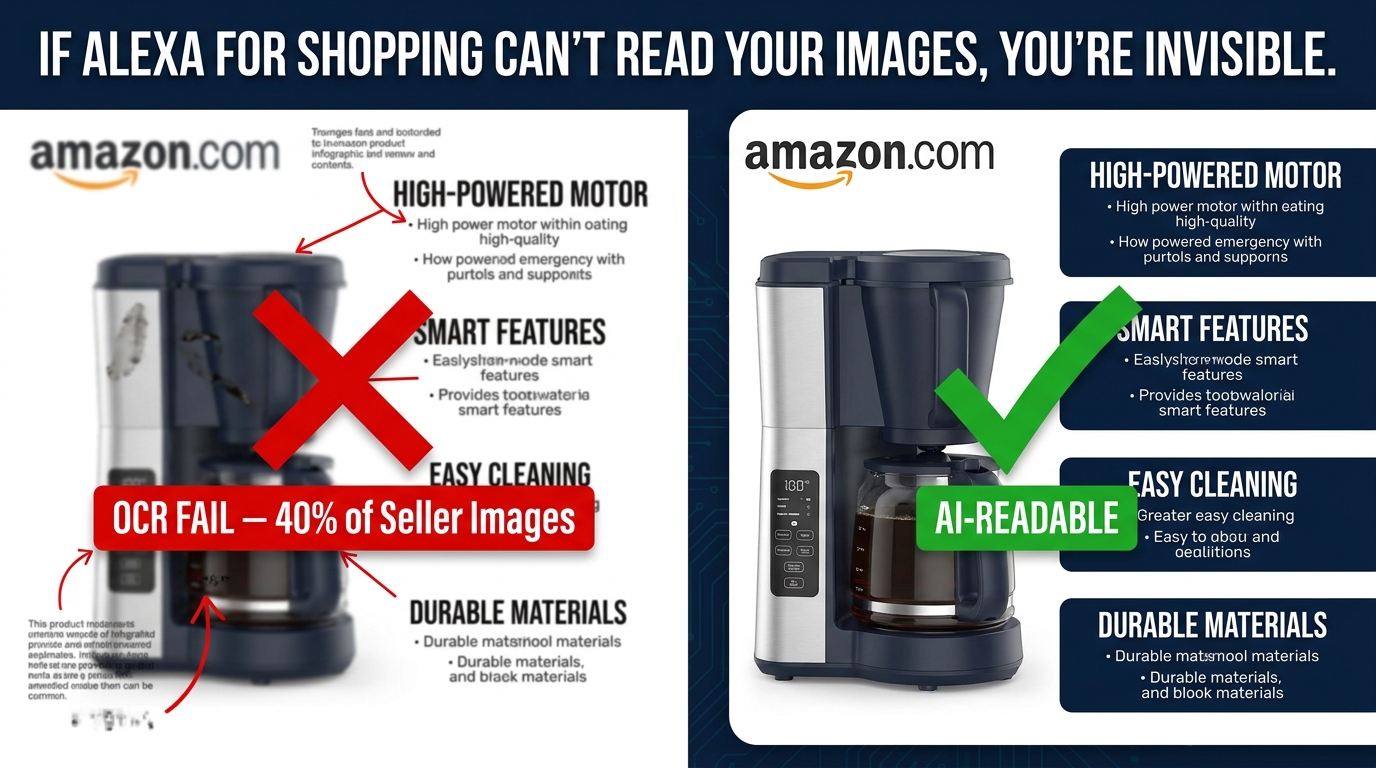 Split-screen comparison showing illegible Amazon product infographic versus AI-readable redesign with bold high-contrast text — IF ALEXA FOR SHOPPING CAN'T READ YOUR IMAGES, YOU'RE INVISIBLE
