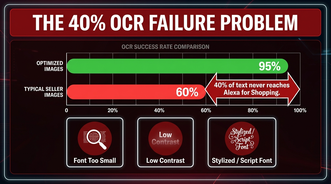 Bar chart showing the 40% OCR failure problem — optimized images at 95% success vs typical seller images at 60%, with the three main failure causes: font too small, low contrast, stylized script font