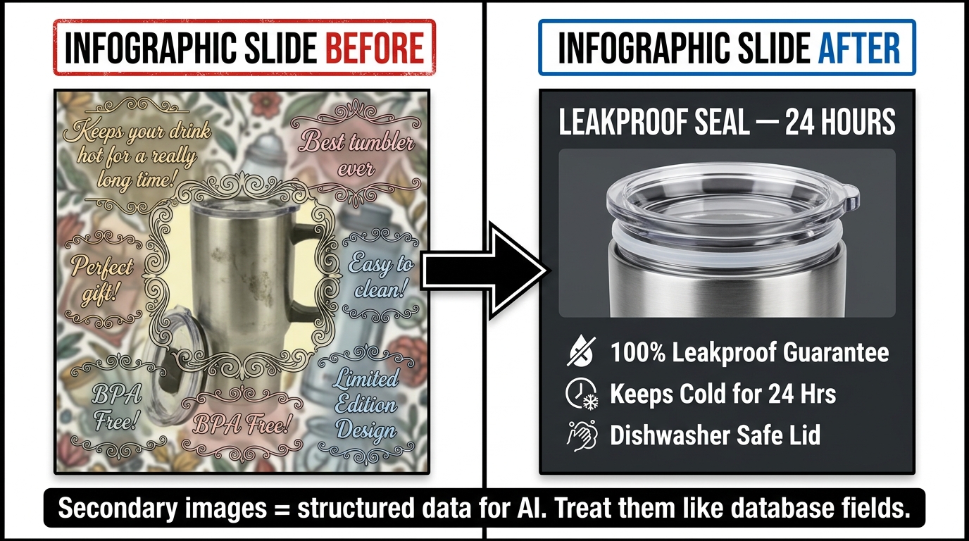 Before and after comparison of Amazon product infographic slide — cluttered illegible design versus clean dark-panel design with bold white benefit callout text readable by AI and shoppers alike