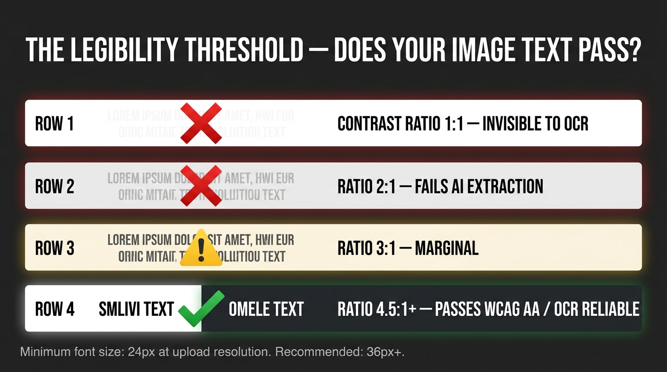 Typography contrast ratio reference chart for Amazon sellers — showing contrast ratios from 1:1 (invisible to OCR) through 4.5:1+ (WCAG AA compliant and OCR-reliable), with minimum font size guidance of 24px at upload resolution