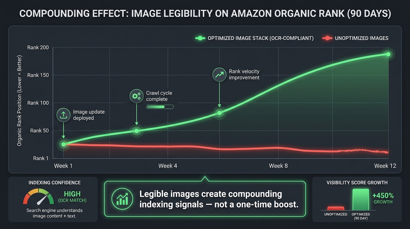 Line graph showing the compounding effect of image legibility on Amazon organic rank over 90 days — optimized OCR-compliant image stack trends steeply upward in green versus unoptimized images staying flat in red, with milestone markers at Week 1 image update deployment, Week 3 crawl cycle, and Week 6 rank velocity improvement