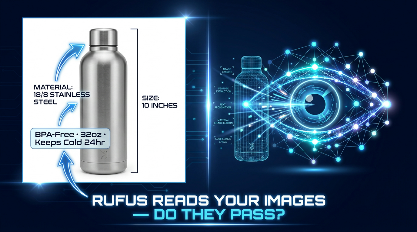 Amazon Rufus AI reading and scanning product images — split screen showing e-commerce product photo and neural network visualization