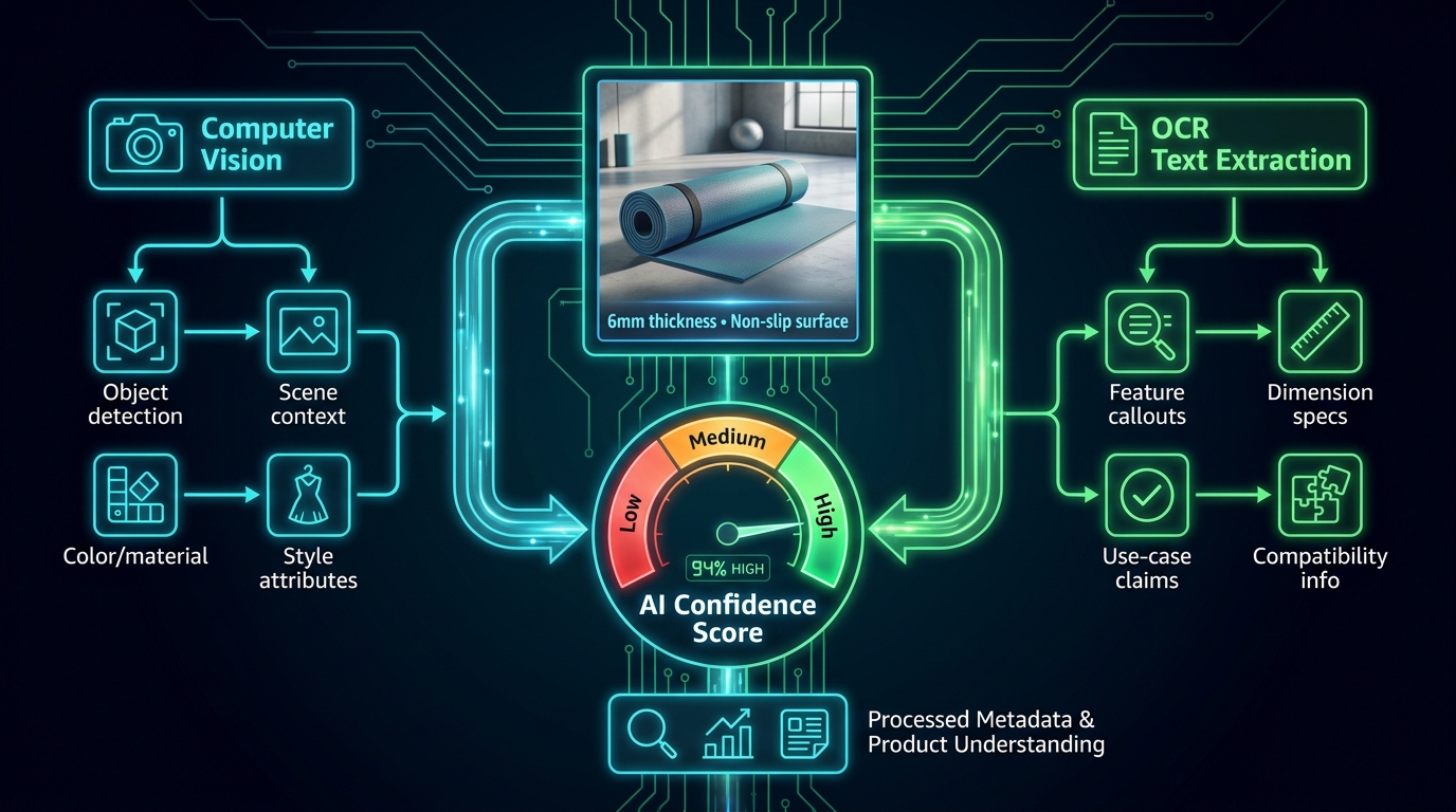 Technical diagram showing Amazon's multimodal AI processing a product image through computer vision and OCR text extraction branches