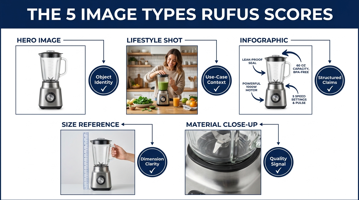 Comparison of 5 Amazon product image types with AI scoring badges: hero image, lifestyle shot, infographic, size reference, and material close-up