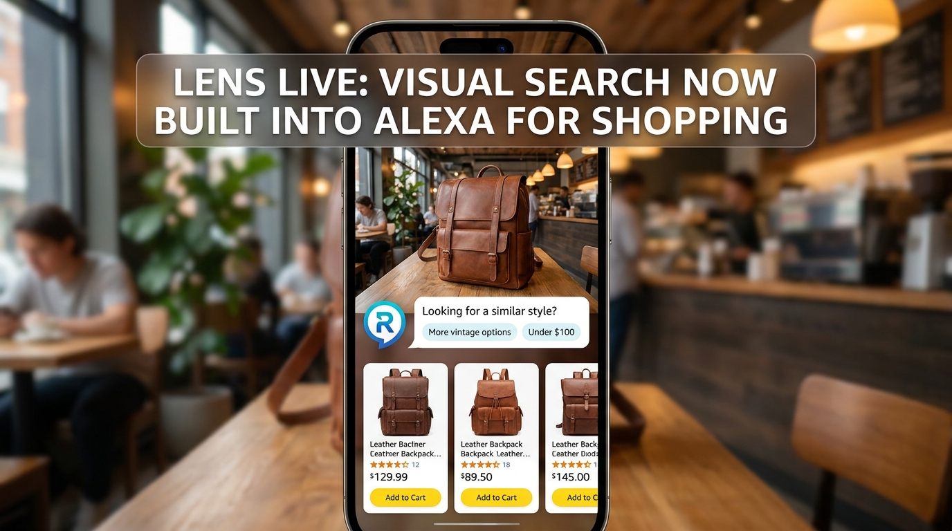Smartphone showing Amazon Lens Live interface with real-time product matching and Alexa for Shopping AI chat integration