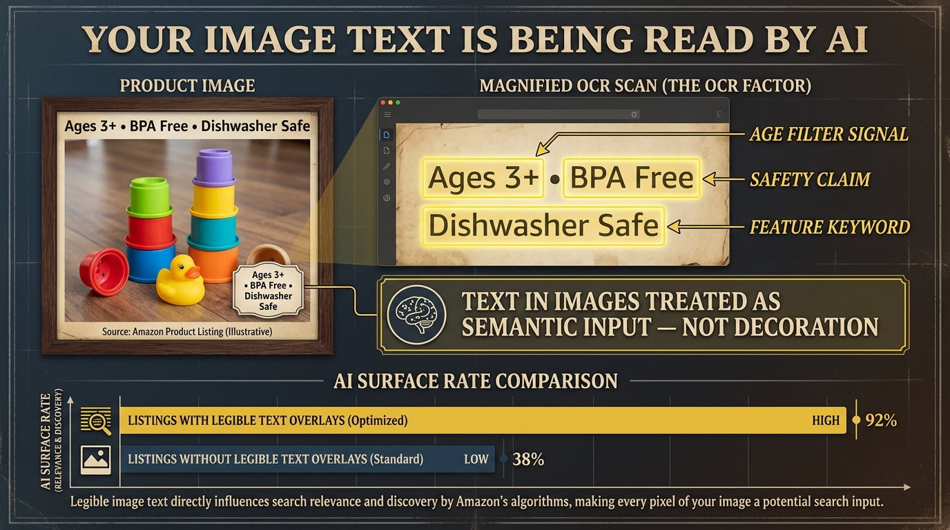 Infographic showing the OCR Factor for Amazon images — how text overlays on product images are read as semantic signals by AI