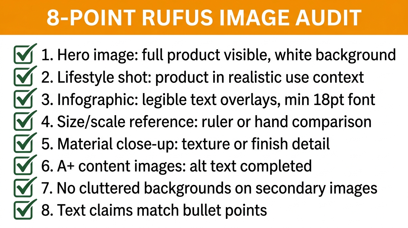 8-point Rufus image audit checklist for Amazon sellers with green checkmarks on white card with orange title bar