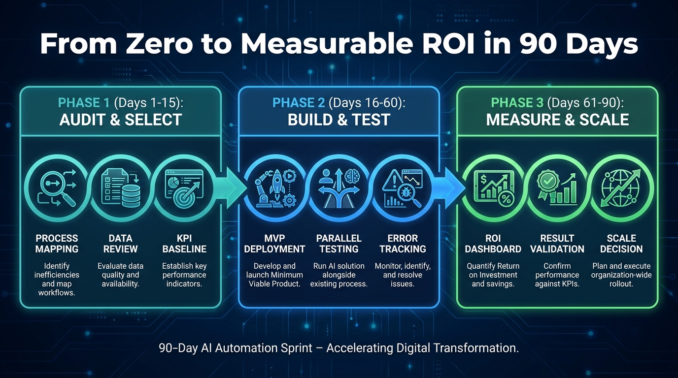 90-day AI automation sprint framework showing three phases: audit and select, build and test, measure and scale