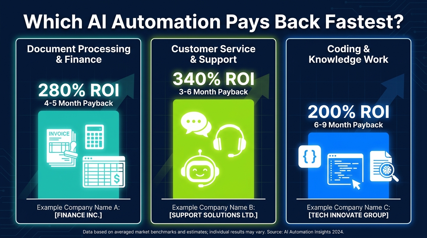 AI automation ROI benchmarks by business function showing customer service at 340% ROI