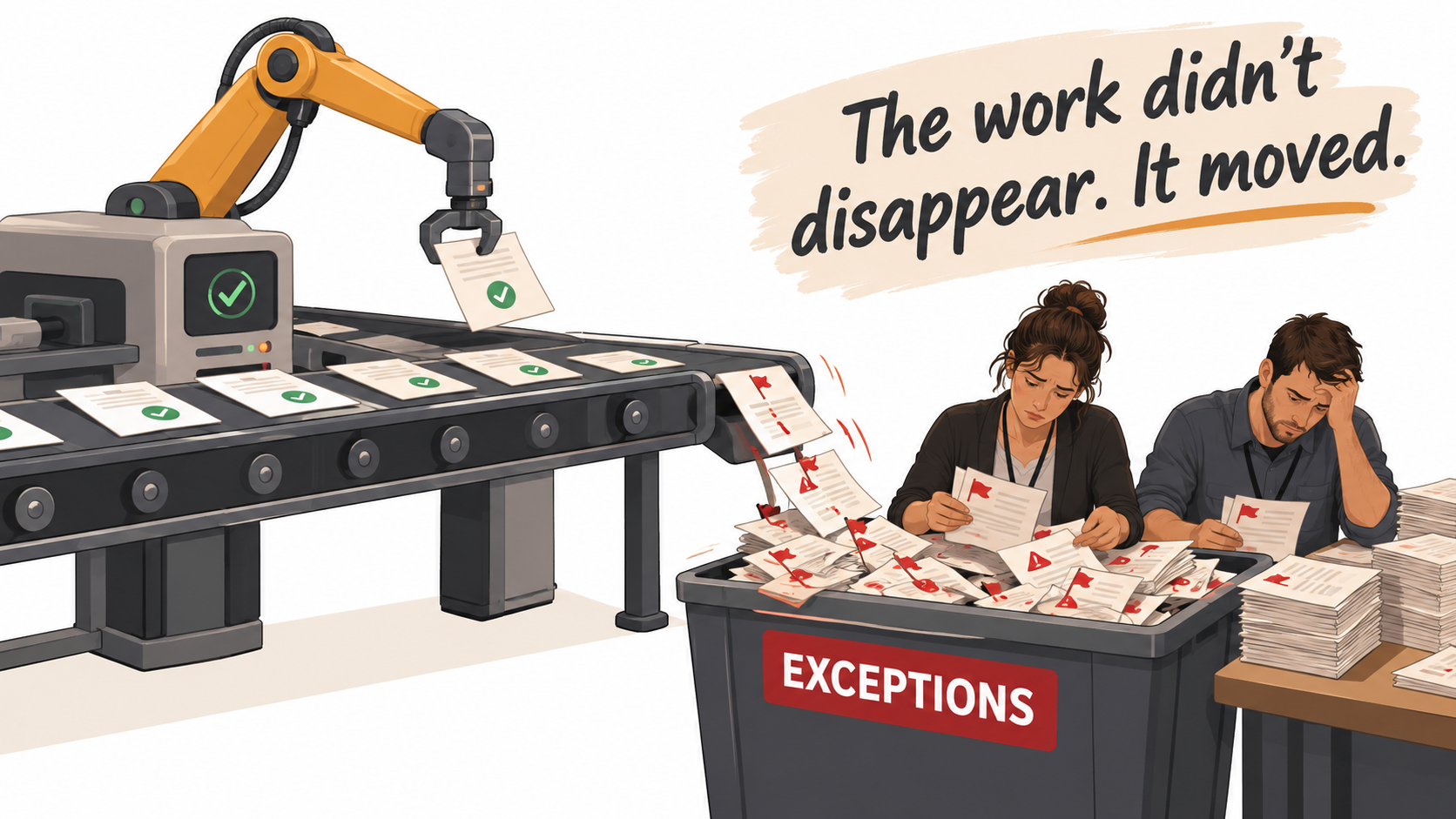 Illustration of an automated document conveyor where red-flagged exceptions fall into a bin sorted by tired operations staff, with the caption The work didn't disappear, it moved