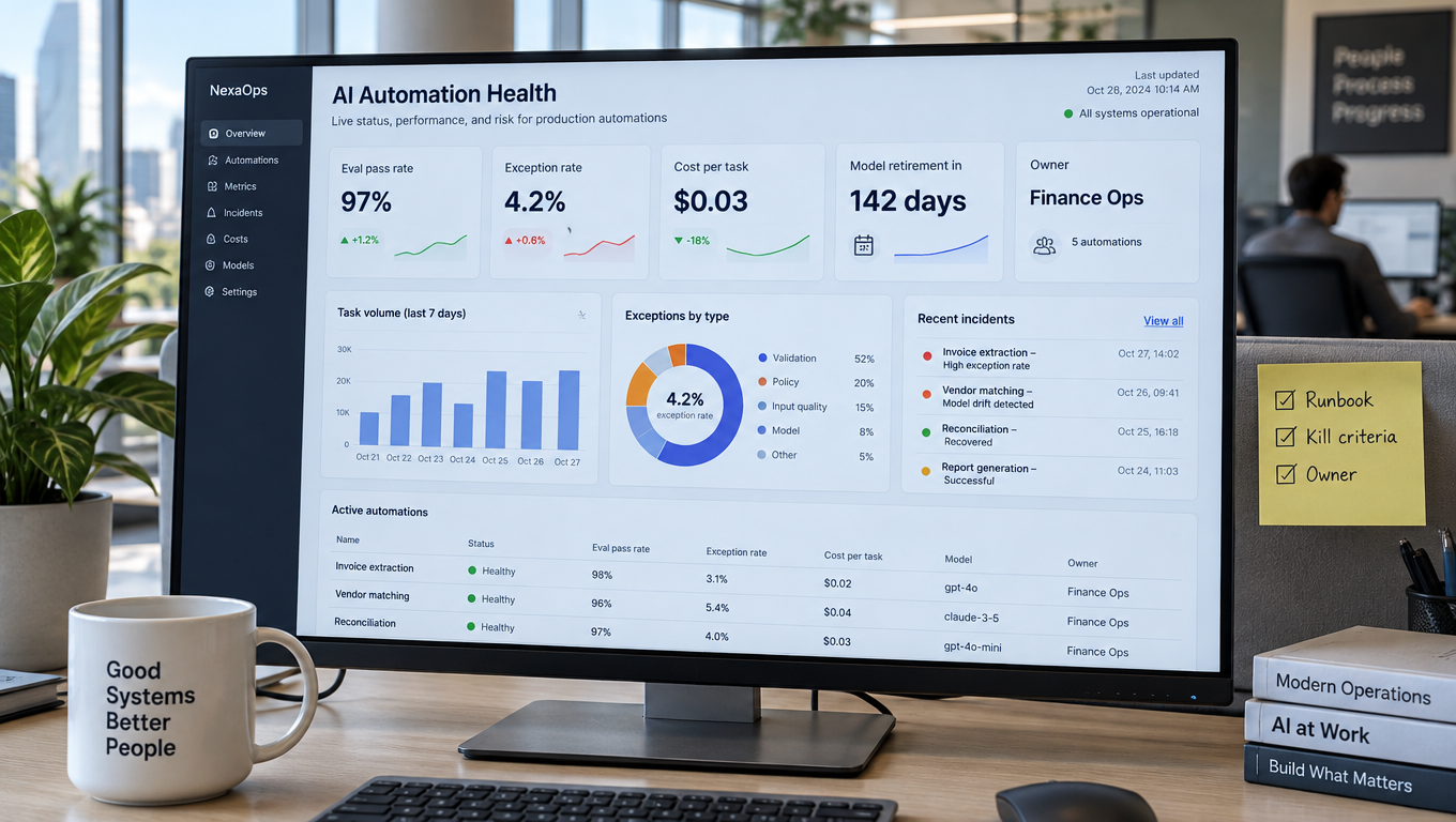 Operations dashboard showing AI automation health metrics including eval pass rate, exception rate, cost per task, days until model retirement and named owner, with a runbook checklist note