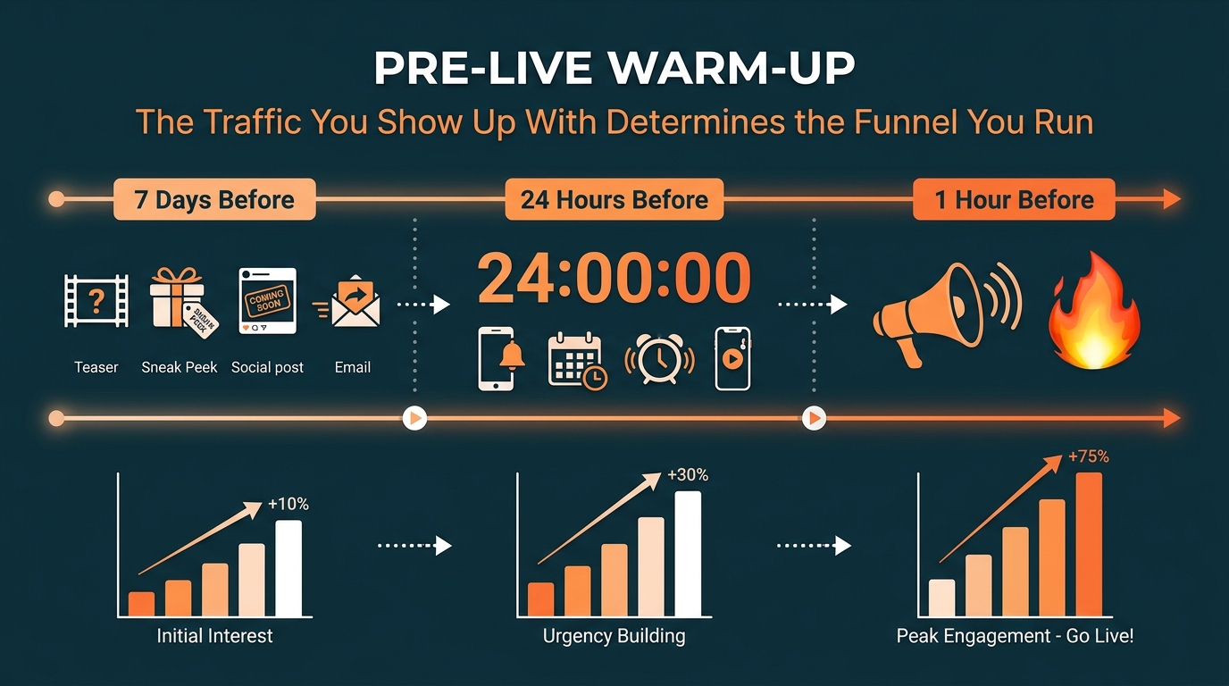 Pre-live warm-up strategy timeline showing audience building 7 days, 24 hours, and 1 hour before going live
