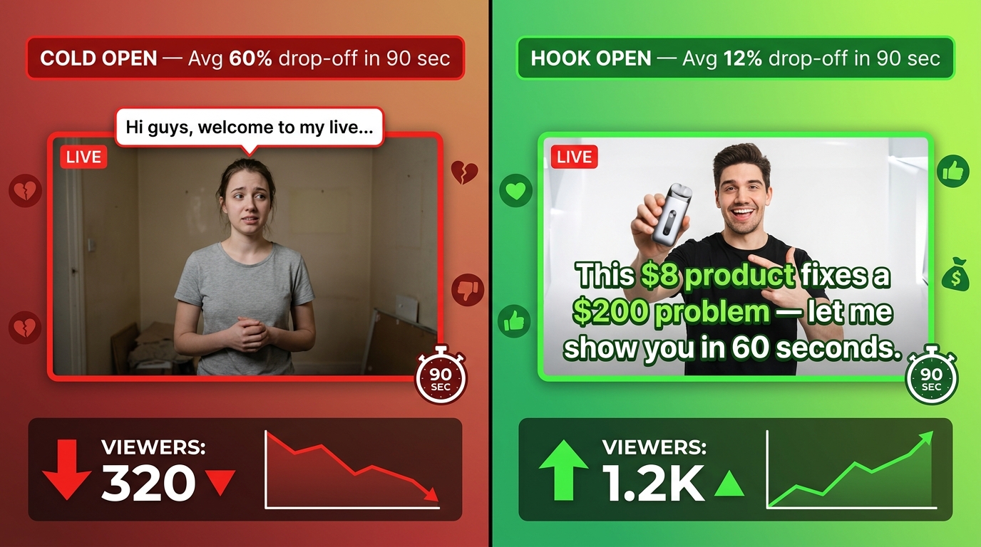 Side-by-side comparison of a weak live room cold open versus a high-converting hook open showing viewer retention difference