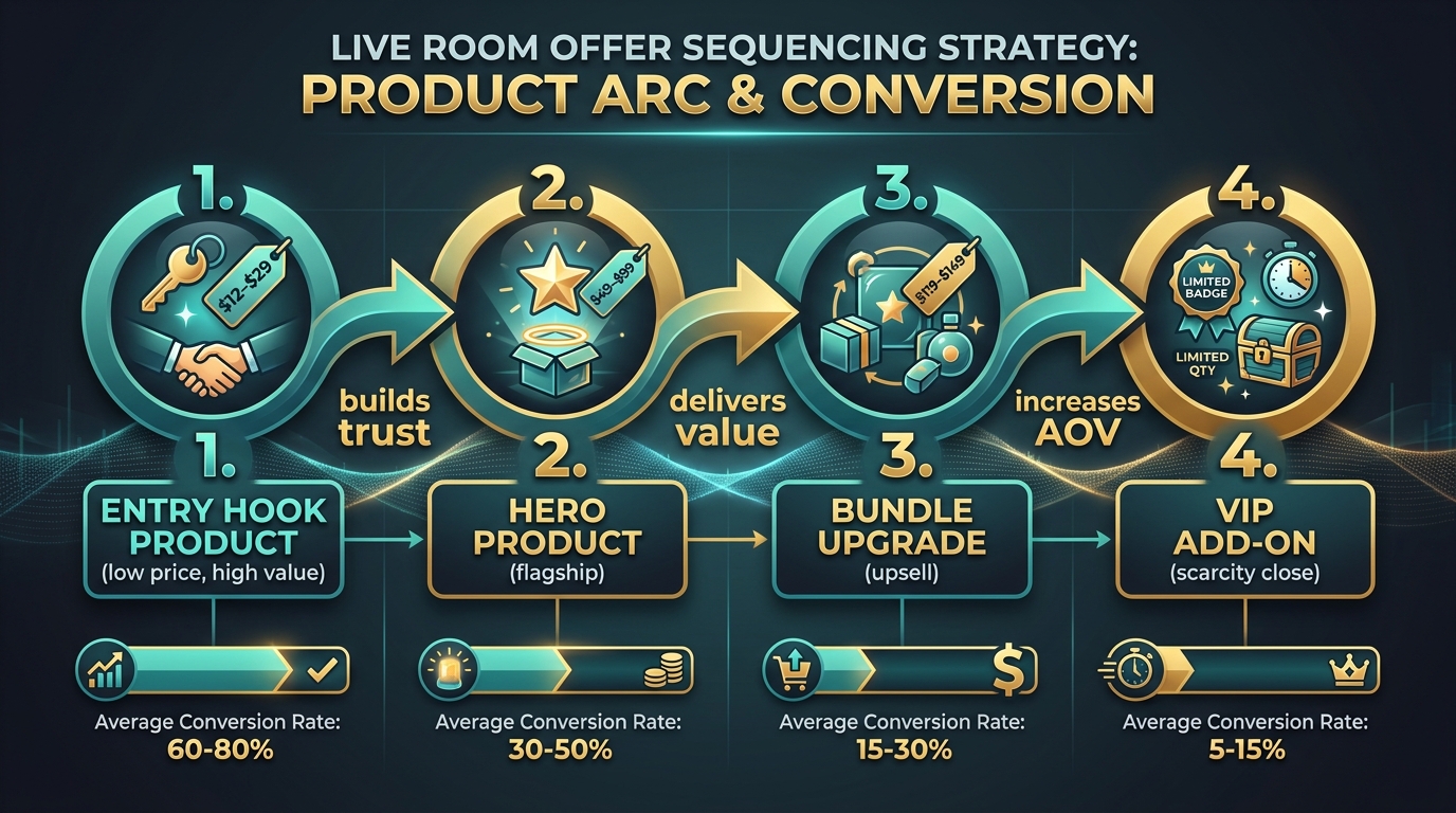 Product sequencing diagram showing the four-stage offer arc from entry hook product through hero product bundle upgrade and VIP add-on