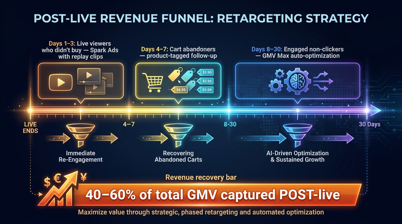 Post-live retargeting funnel timeline showing 30-day GMV recovery strategy with Spark Ads and cart abandonment follow-up
