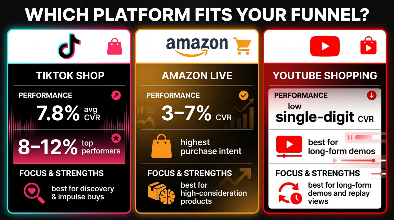 Platform comparison infographic showing TikTok Shop, Amazon Live, and YouTube Shopping live commerce conversion rates and funnel strengths