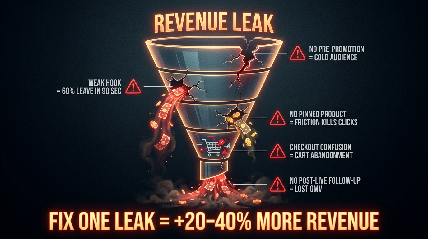 Revenue leak infographic showing five critical holes in the live room funnel from no pre-promotion to missing post-live follow-up