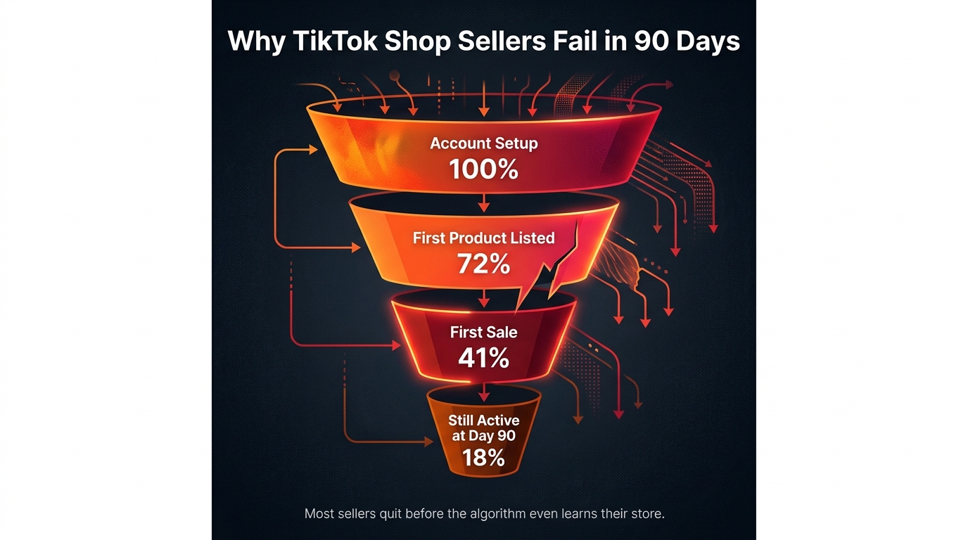 Funnel chart showing TikTok Shop seller drop-off rates from account setup to 90-day active status