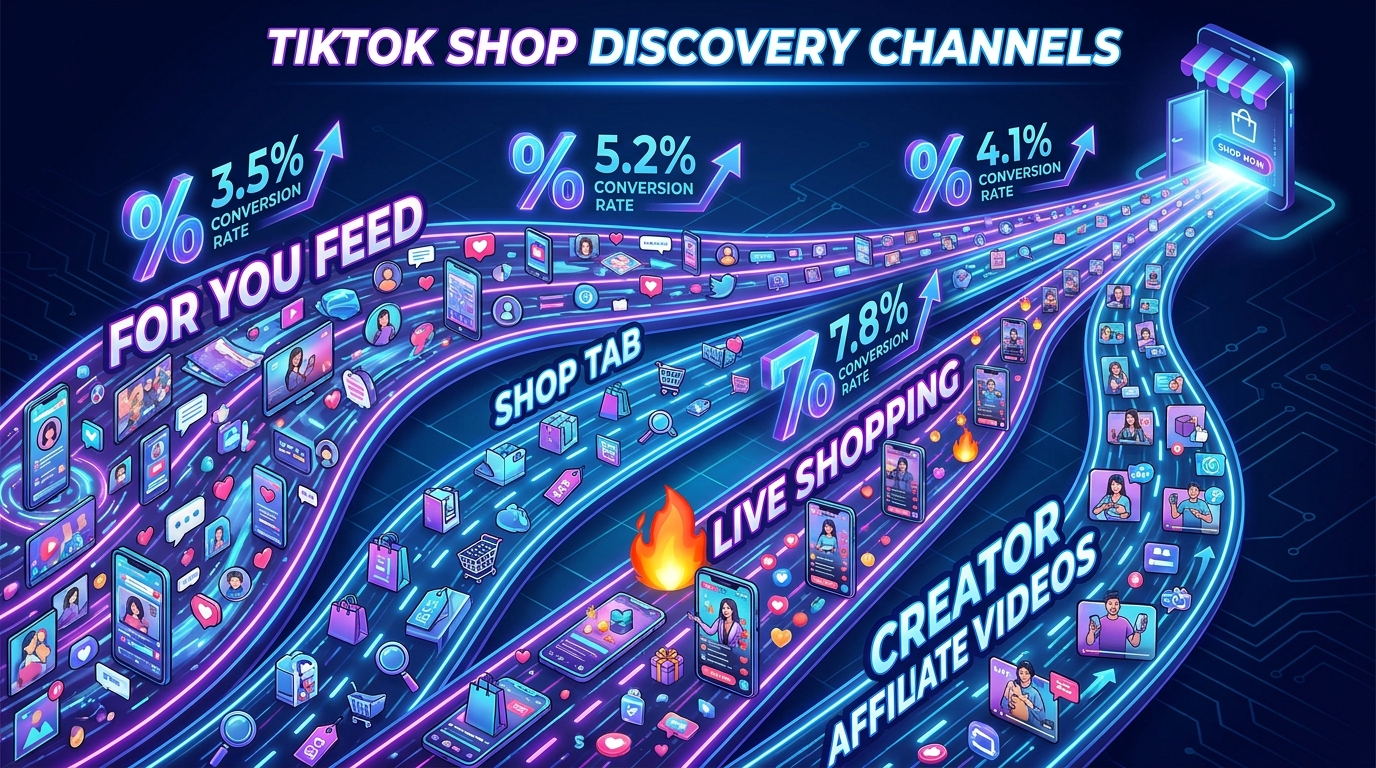 TikTok Shop's four discovery channels shown as traffic lanes: For You Feed, Shop Tab, Live Shopping, and Creator Affiliate Videos