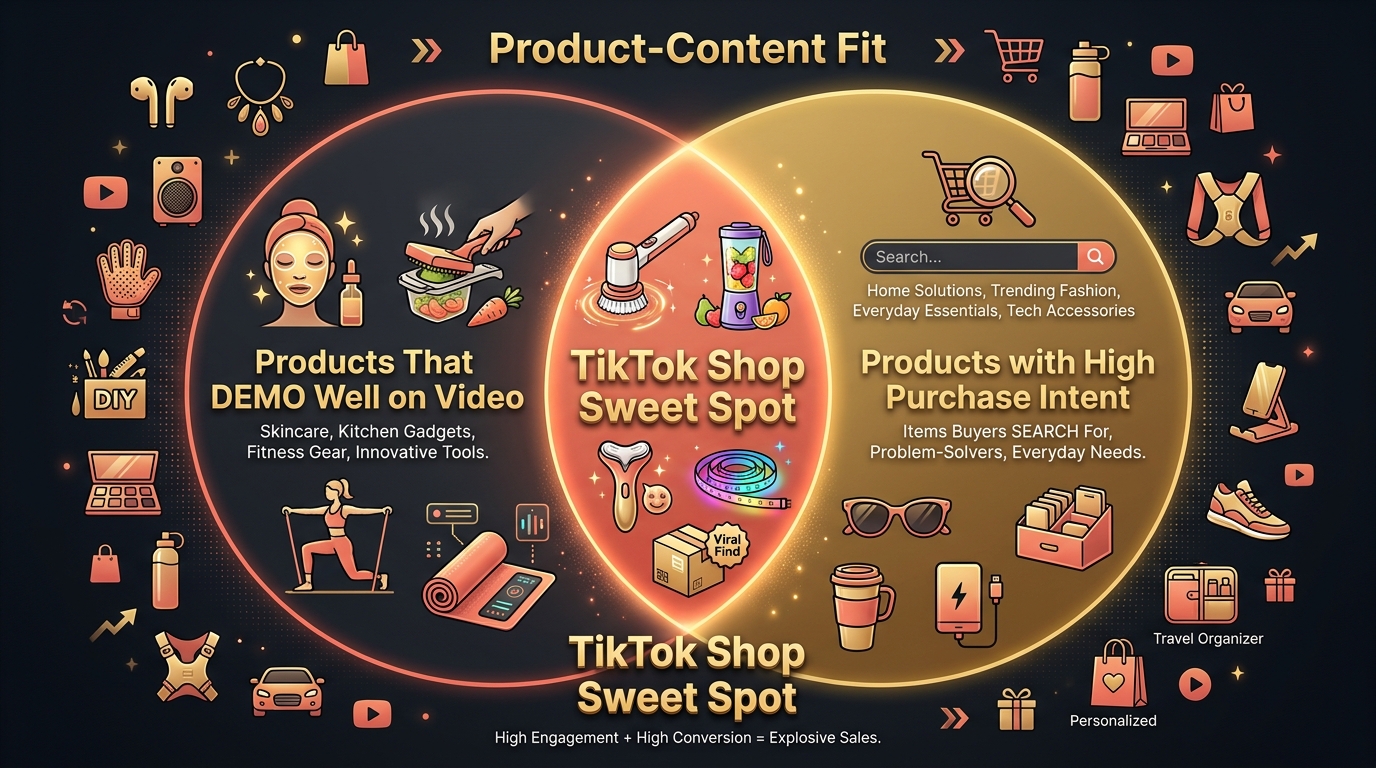 TikTok Shop Product-Content Fit Venn diagram: products that demo well on video overlapping with high purchase intent items