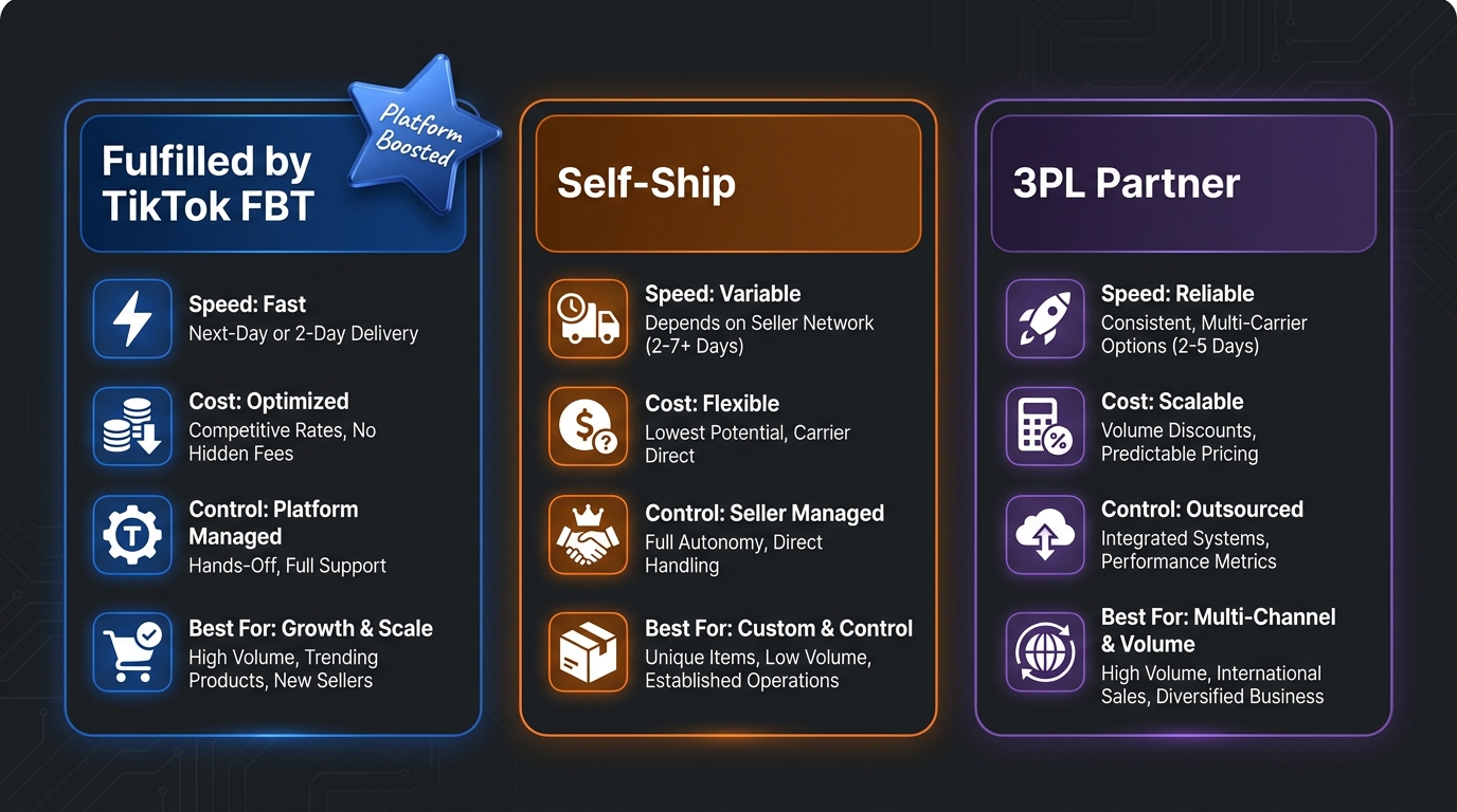 TikTok Shop fulfillment comparison: Fulfilled by TikTok vs Self-Ship vs 3PL showing speed, cost, control, and platform boost advantages