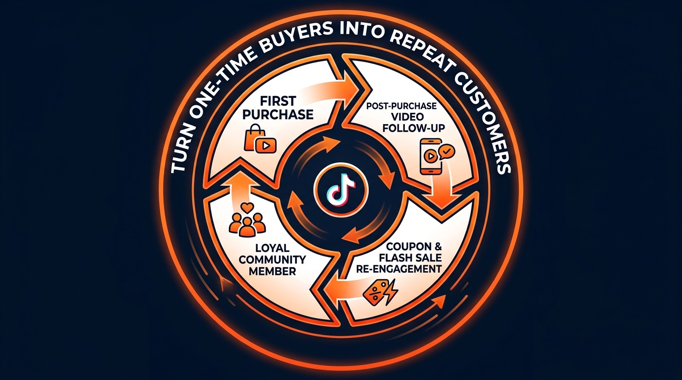 TikTok Shop buyer retention flywheel: first purchase, post-purchase follow-up, coupon re-engagement, loyal community member