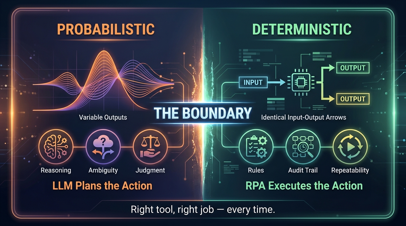 Probabilistic LLM planning versus deterministic RPA execution split-screen comparison
