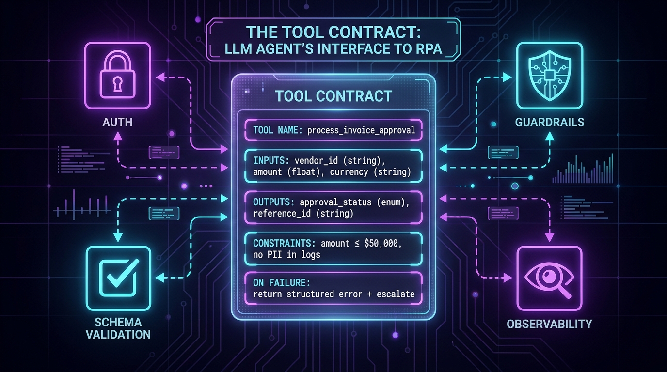 Tool contract specification showing fields, constraints, auth, guardrails, and observability requirements for LLM-to-RPA interface