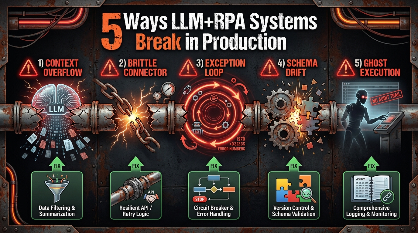 Five production failure modes in LLM+RPA systems: context overflow, brittle connector, exception loop, schema drift, ghost execution